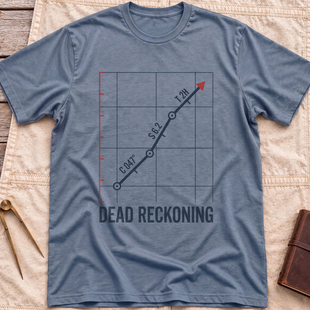 Front view of the heather indigo Dead Reckoning T-Shirt with a gridded plot showing a course line marked C 047°, S 6.2 and T 2H ending in a red arrow.