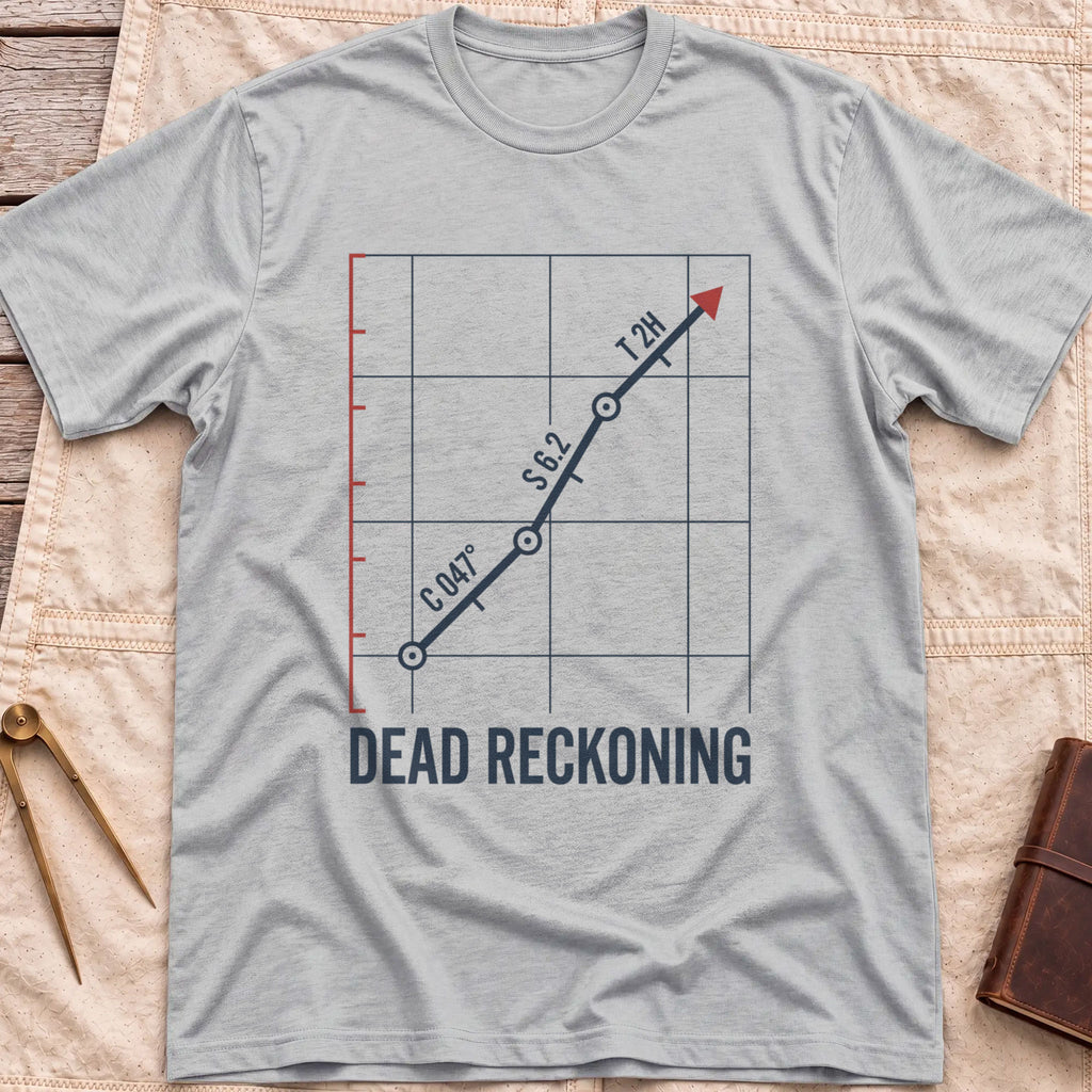 Front view of the sport grey Dead Reckoning T-Shirt with a gridded plot showing a course line marked C 047°, S 6.2 and T 2H ending in a red arrow.