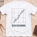 Front view of the white Dead Reckoning T-Shirt with a gridded plot showing a course line marked C 047°, S 6.2 and T 2H ending in a red arrow.