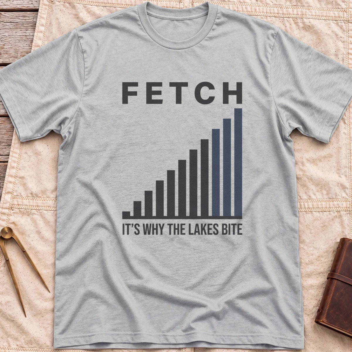Front view of the sport grey Fetch T-Shirt with a rising bar chart and the words It's Why the Lakes Bite.