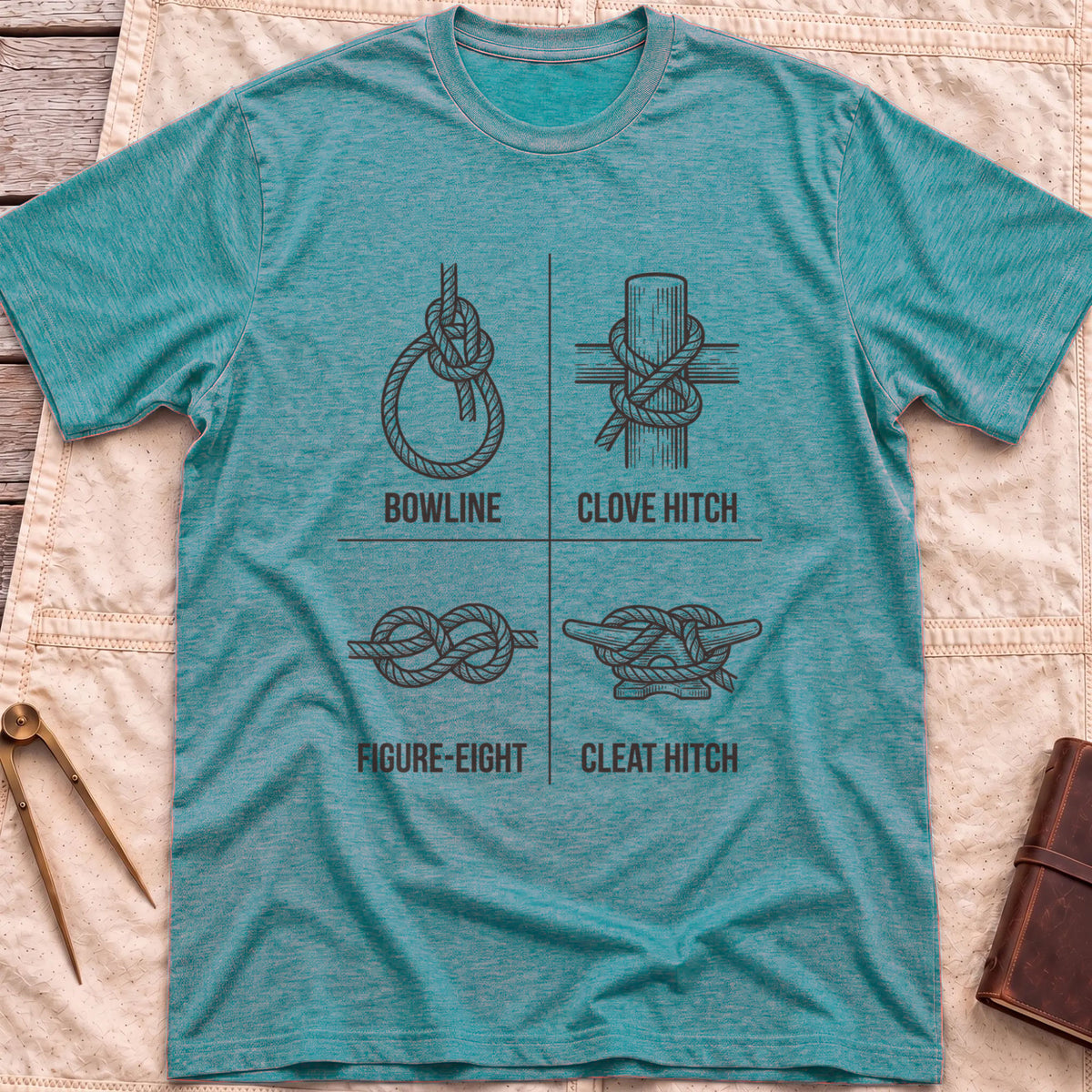 Front view of the heather galapagos blue Four Knots T-Shirt with a four-panel chart of the bowline, clove hitch, figure-eight and cleat hitch knots.