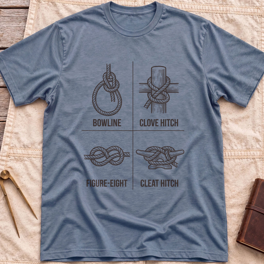 Front view of the heather indigo Four Knots T-Shirt with a four-panel chart of the bowline, clove hitch, figure-eight and cleat hitch knots.