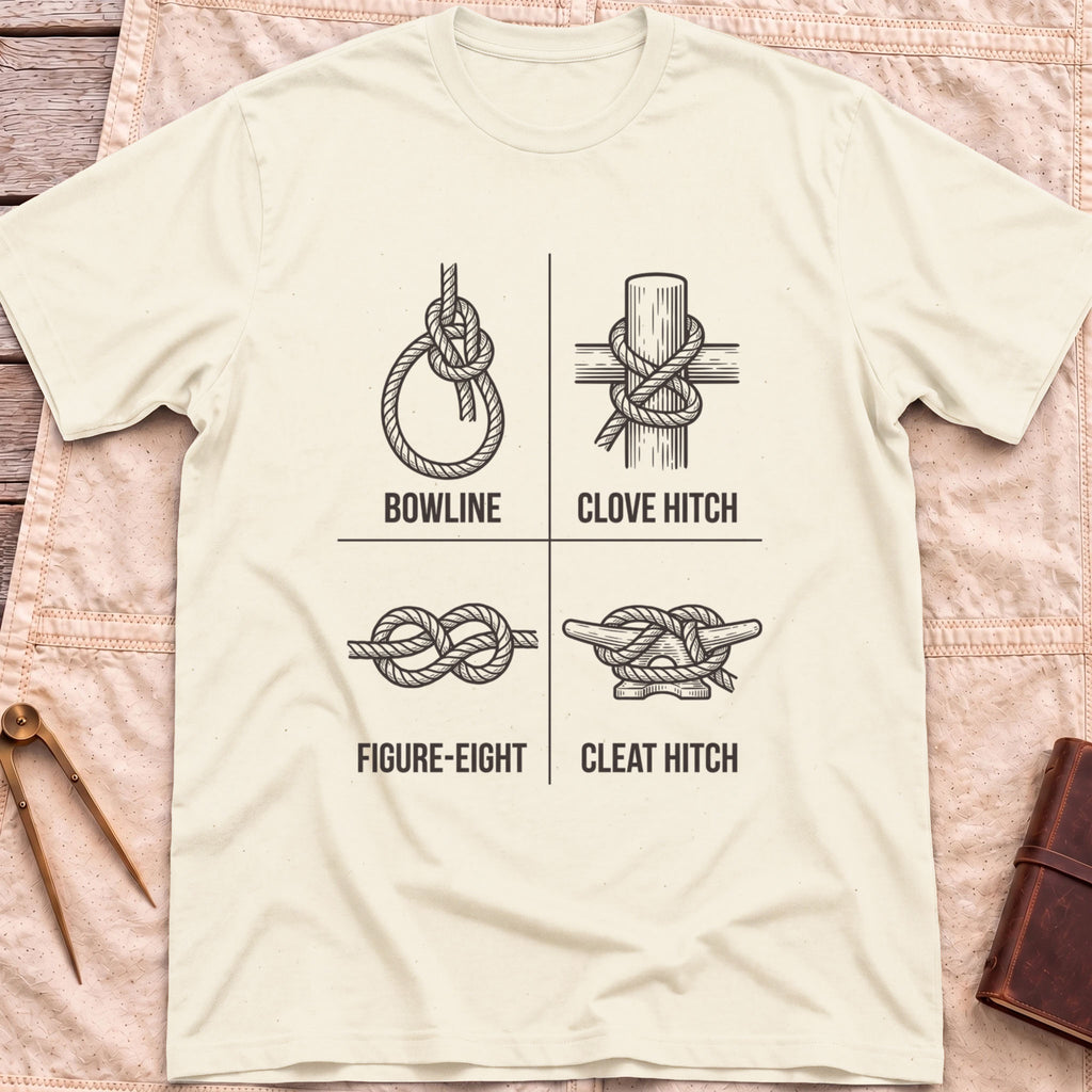 Front view of the natural Four Knots T-Shirt with a four-panel chart of the bowline, clove hitch, figure-eight and cleat hitch knots.