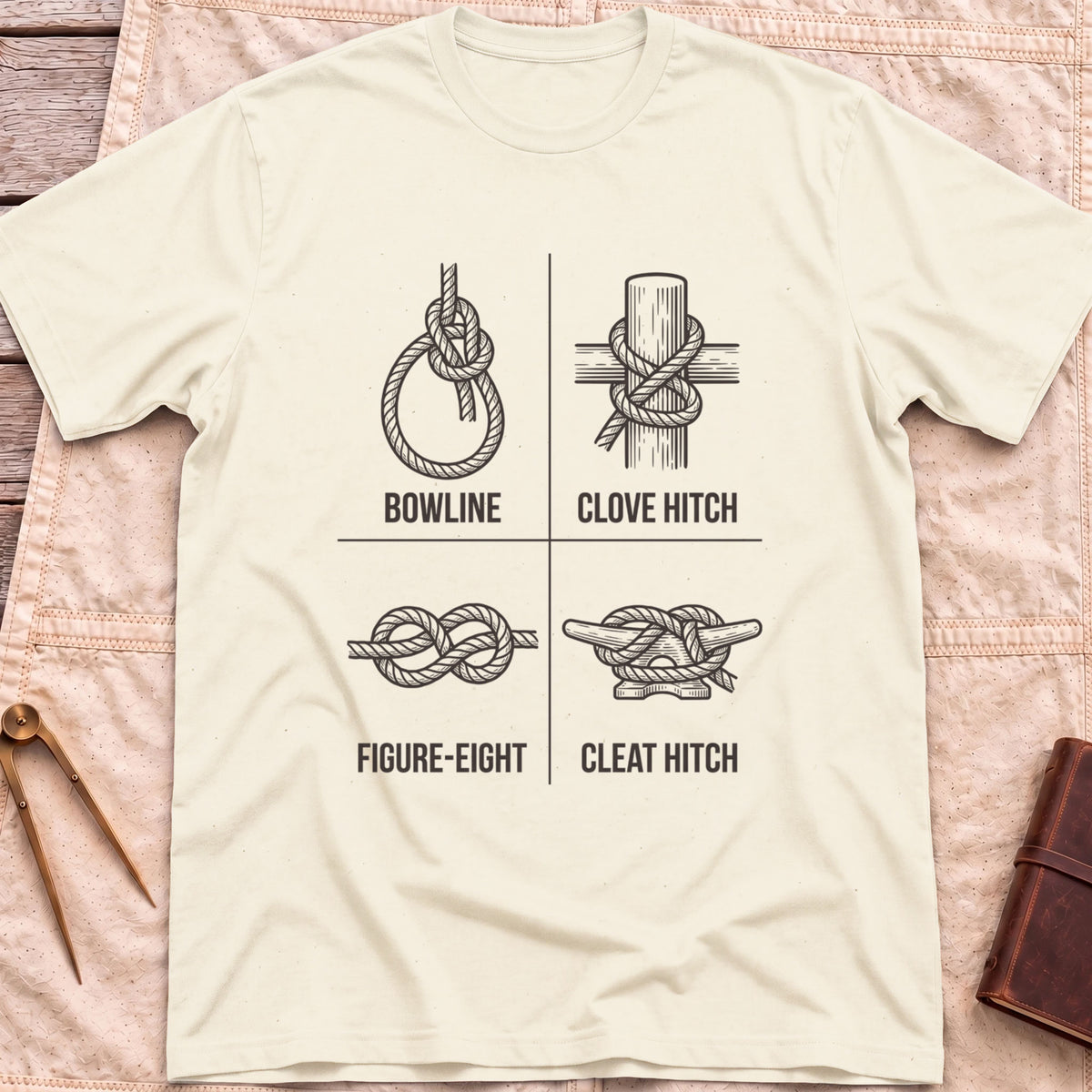 Front view of the natural Four Knots T-Shirt with a four-panel chart of the bowline, clove hitch, figure-eight and cleat hitch knots.