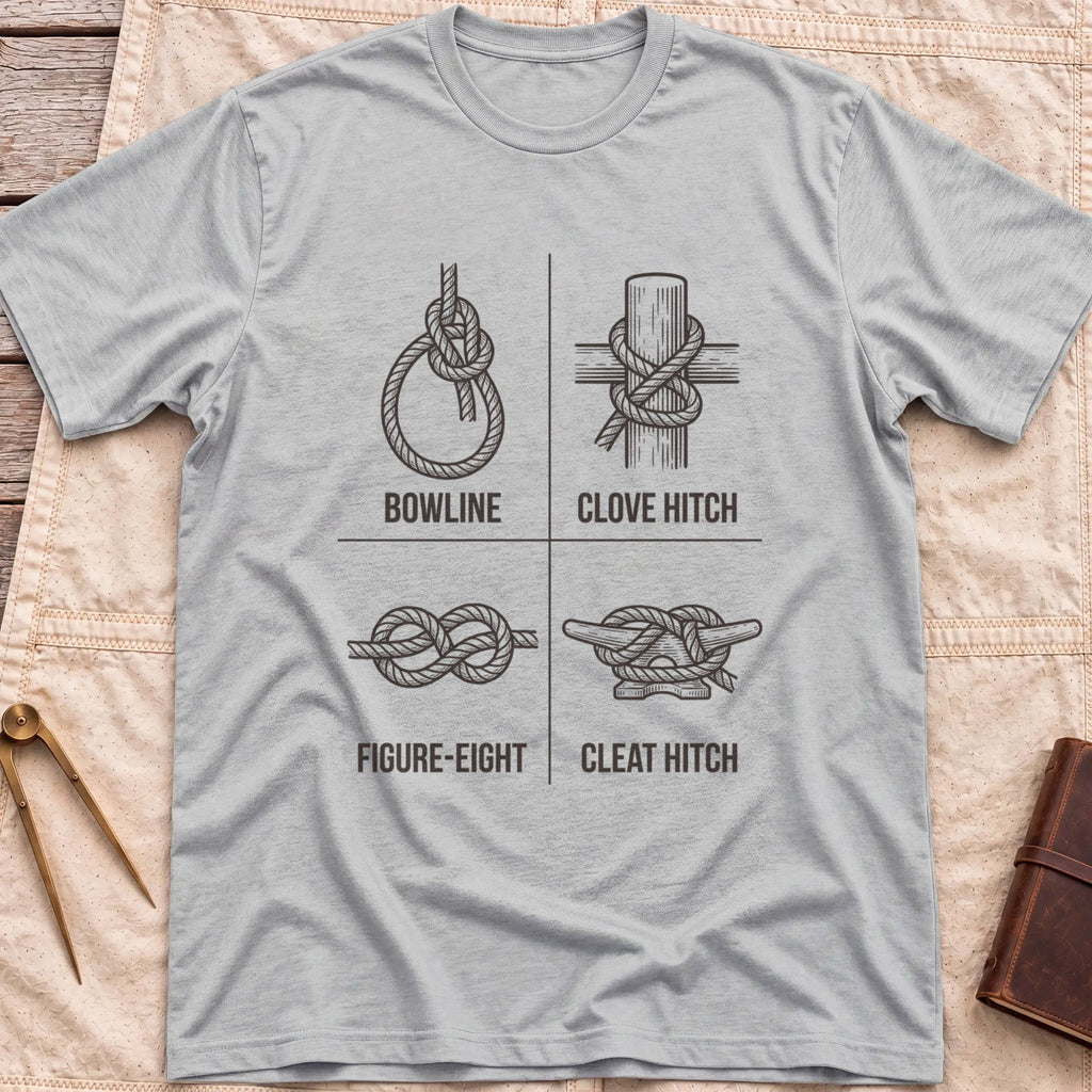 Front view of the sport grey Four Knots T-Shirt with a four-panel chart of the bowline, clove hitch, figure-eight and cleat hitch knots.