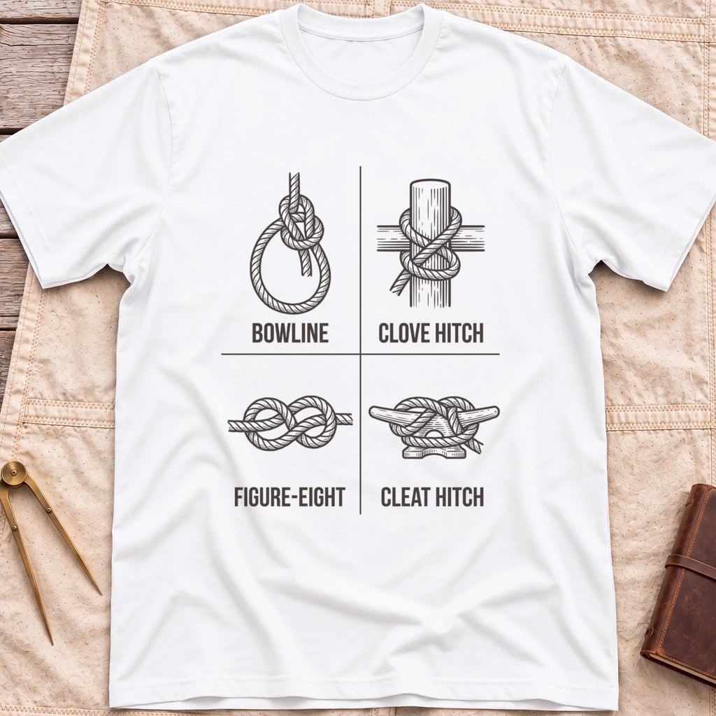 Front view of the white Four Knots T-Shirt with a four-panel chart of the bowline, clove hitch, figure-eight and cleat hitch knots.