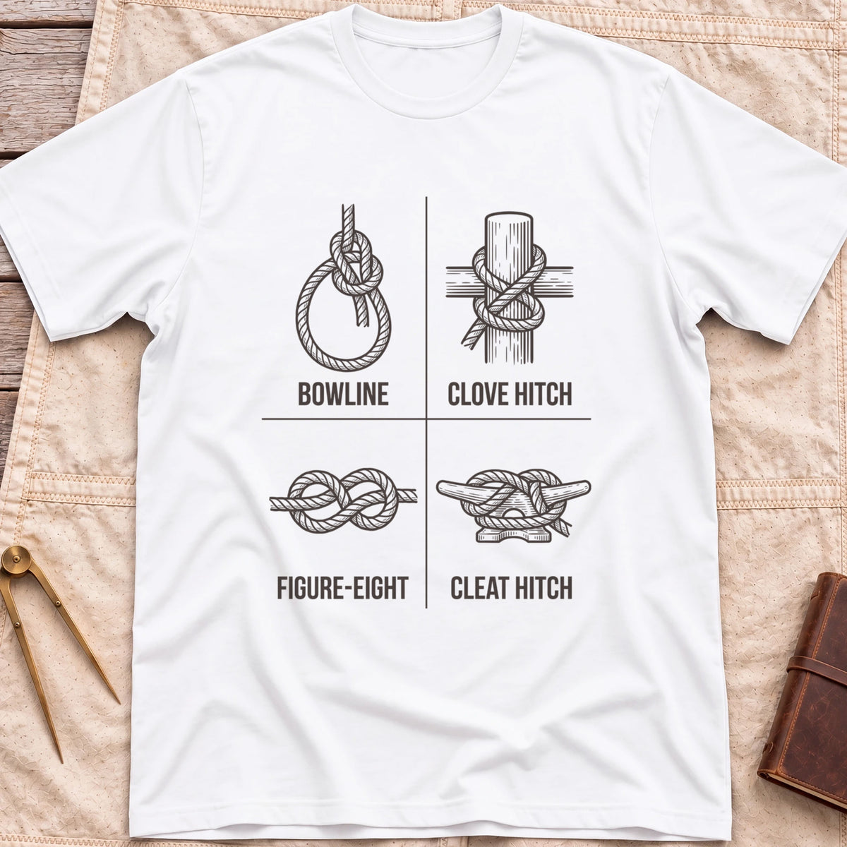 Front view of the white Four Knots T-Shirt with a four-panel chart of the bowline, clove hitch, figure-eight and cleat hitch knots.