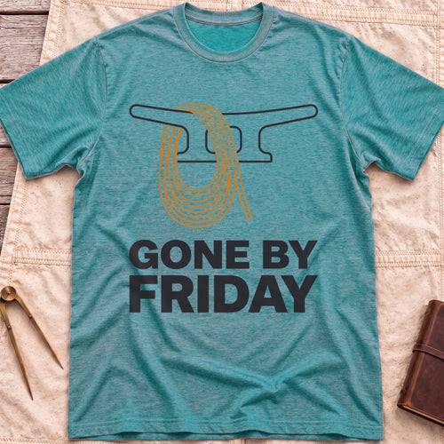 Front view of the heather galapagos blue Gone by Friday T-Shirt with a coiled rope looped over a dock cleat.
