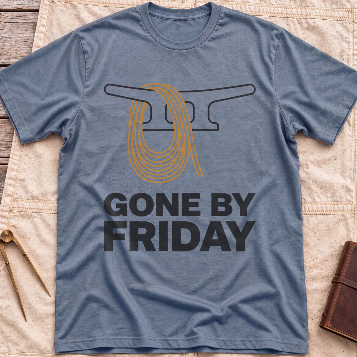 Front view of the heather indigo Gone by Friday T-Shirt with a coiled rope looped over a dock cleat.