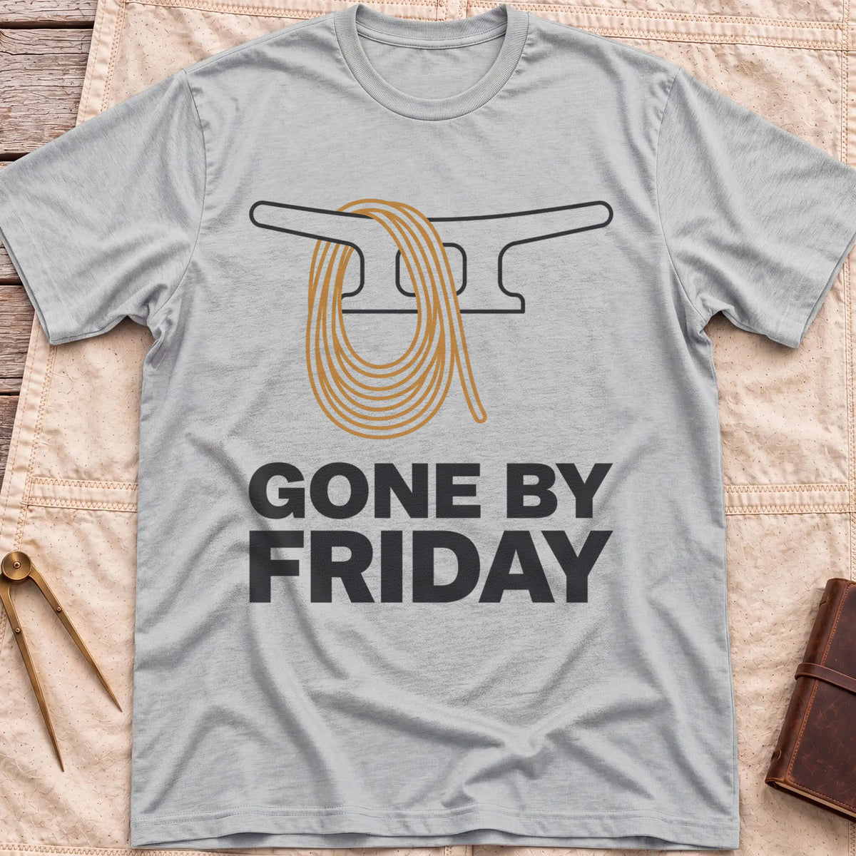 Front view of the sport grey Gone by Friday T-Shirt with a coiled rope looped over a dock cleat.