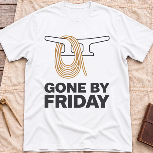 Front view of the white Gone by Friday T-Shirt with a coiled rope looped over a dock cleat.