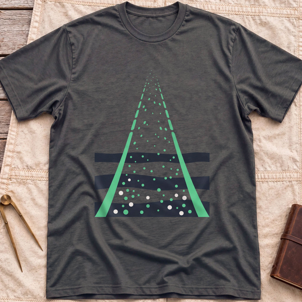 Front view of the dark heather Green Fire T-Shirt with two green beams converging upward through scattered dots over dark wave bands.