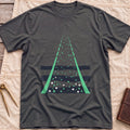 Front view of the dark heather Green Fire T-Shirt with two green beams converging upward through scattered dots over dark wave bands.