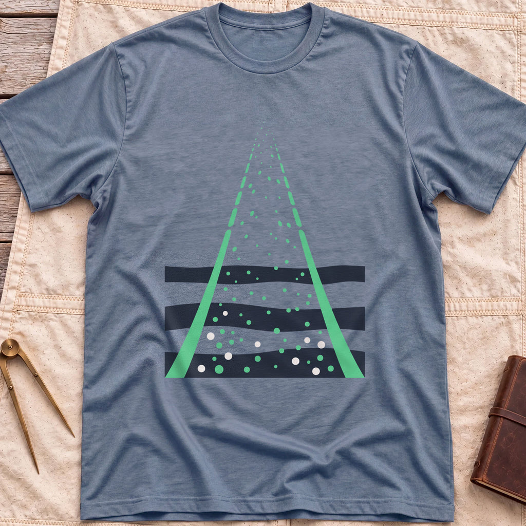 Front view of the heather indigo Green Fire T-Shirt with two green beams converging upward through scattered dots over dark wave bands.