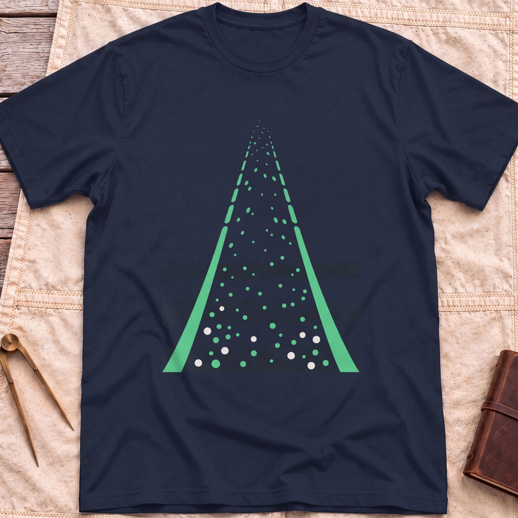 Front view of the navy Green Fire T-Shirt with two green beams converging upward through scattered dots over dark wave bands.