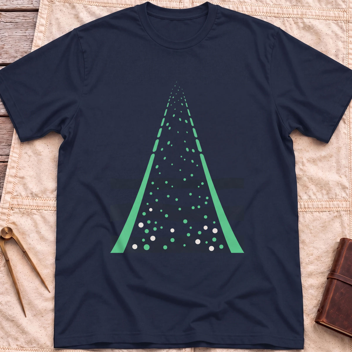 Front view of the navy Green Fire T-Shirt with two green beams converging upward through scattered dots over dark wave bands.