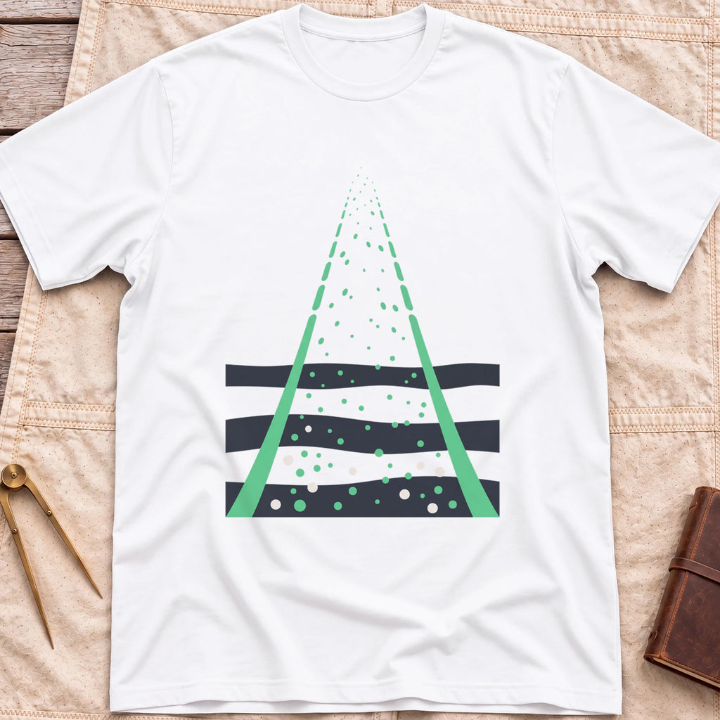 Front view of the white Green Fire T-Shirt with two green beams converging upward through scattered dots over dark wave bands.