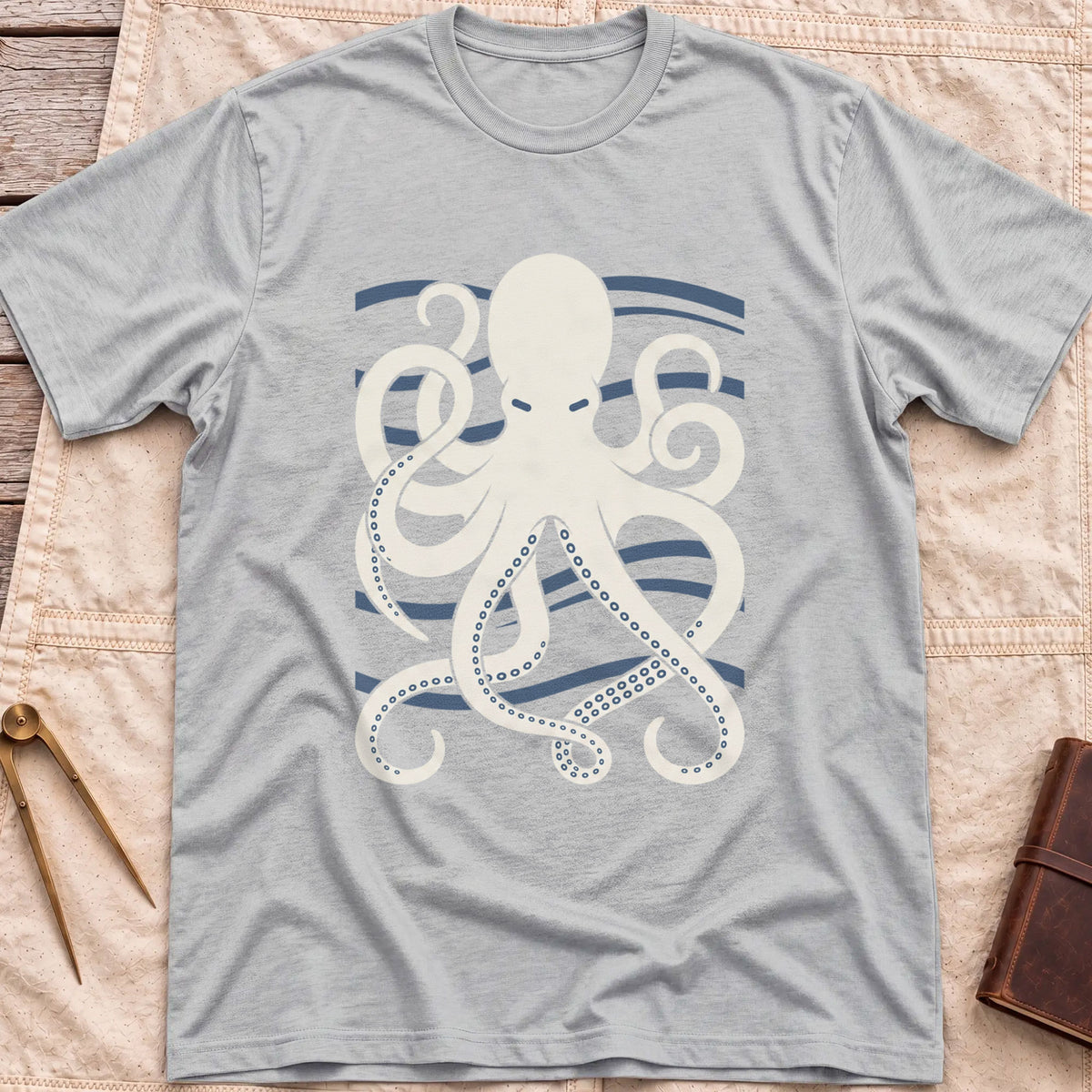 Front view of the sport grey Holdfast T-Shirt with a cream octopus spreading curling tentacles over blue wave lines.