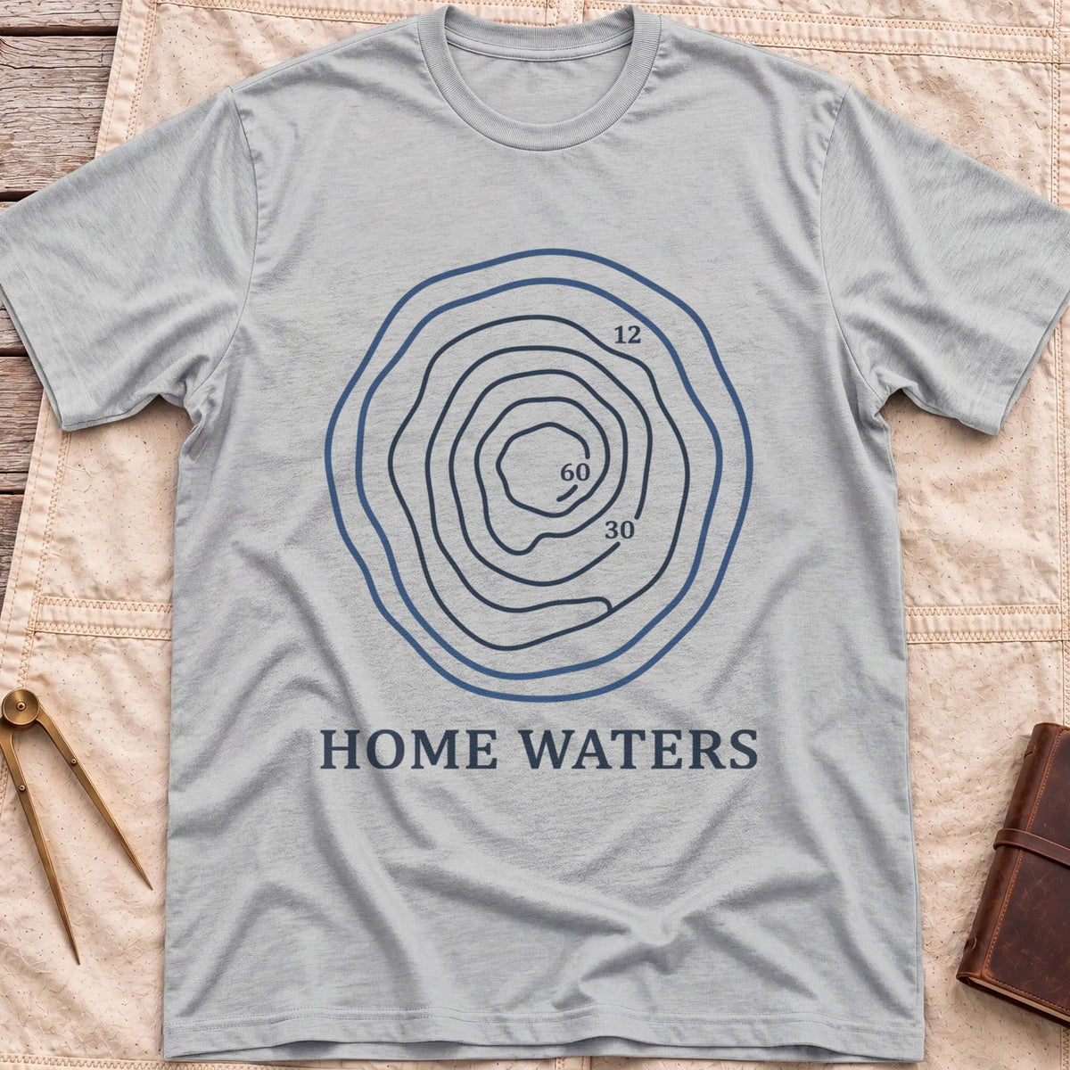 Front view of the sport grey Home Waters T-Shirt with a set of wavy contour lines marked 12, 30 and 60.