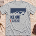 Front view of the sport grey Ice Out T-Shirt with a navy block breaking into ice fragments above the words The Only Date That Matters.