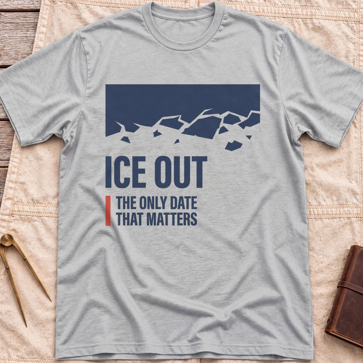 Front view of the sport grey Ice Out T-Shirt with a navy block breaking into ice fragments above the words The Only Date That Matters.