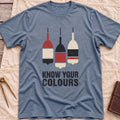 Front view of the heather indigo Know Your Colours T-Shirt with three hanging buoys painted in red, black and cream bands above the words Know Your Colours.