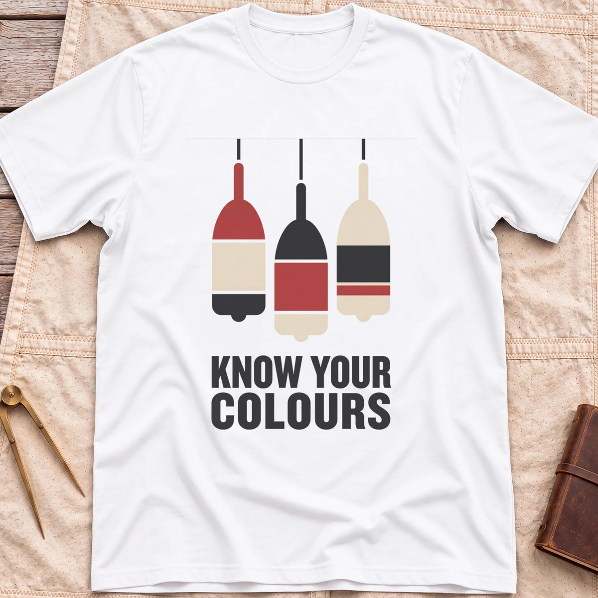 Front view of the white Know Your Colours T-Shirt with three hanging buoys painted in red, black and cream bands above the words Know Your Colours.