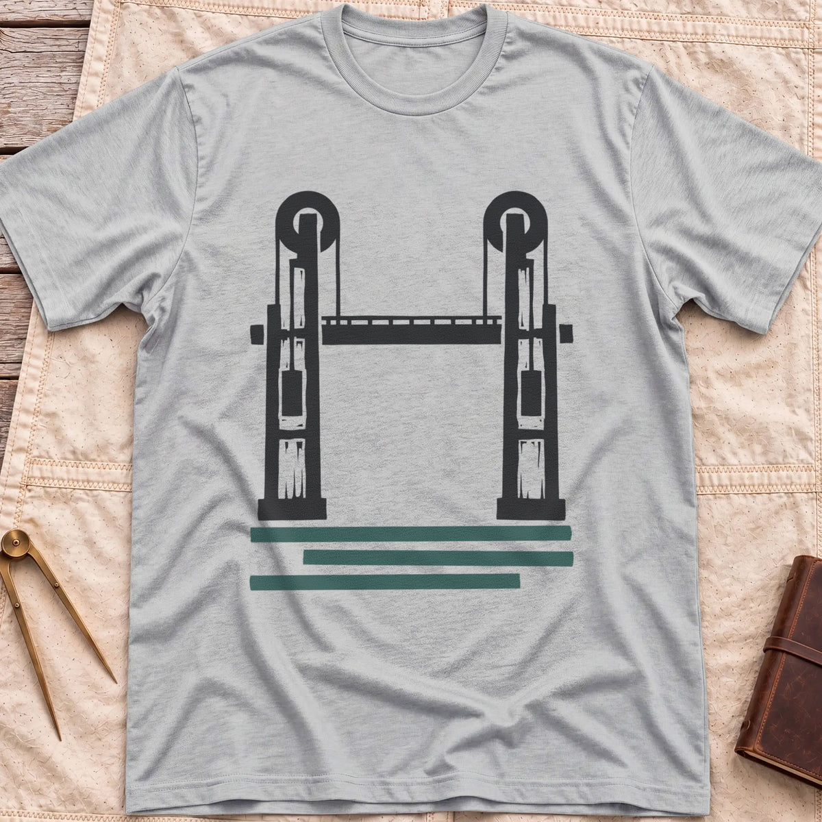 Front view of the sport grey Lift Bridge T-Shirt with a silhouette of a lift bridge, its two towers topped with wheels.