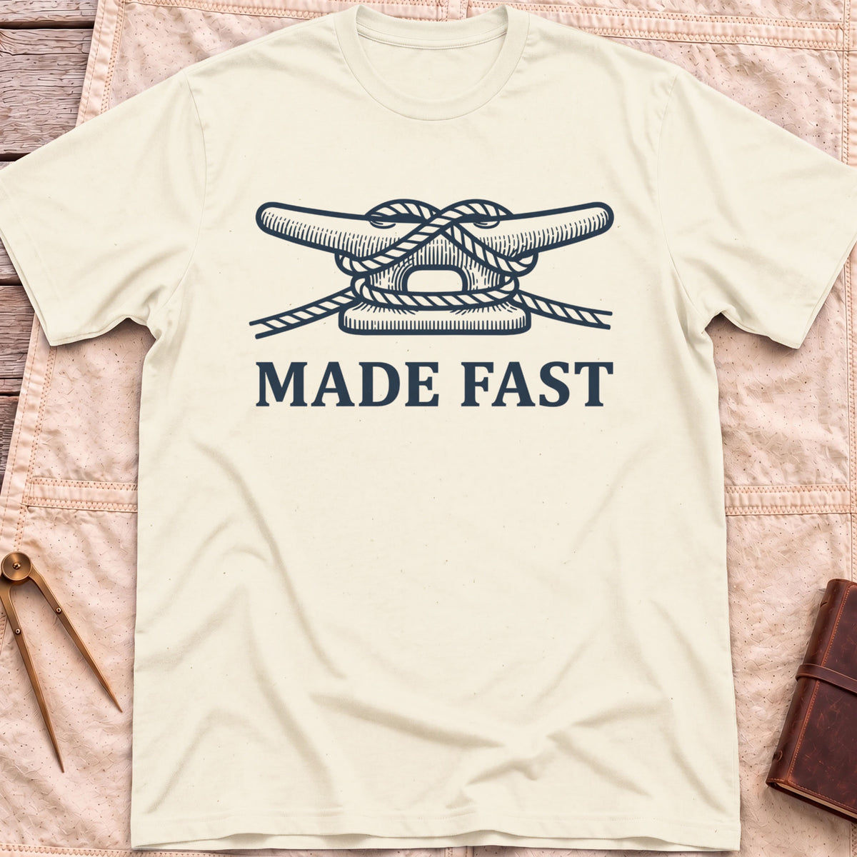 Front view of the natural Made Fast T-Shirt with a rope tied off around a dock cleat.