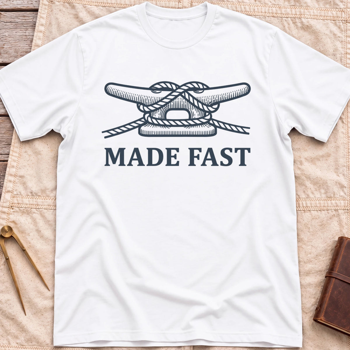 Front view of the white Made Fast T-Shirt with a rope tied off around a dock cleat.