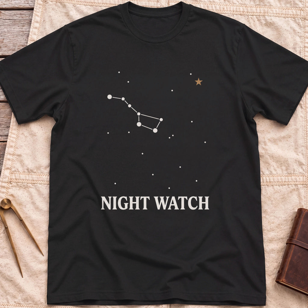 Front view of the black Night Watch T-Shirt with a constellation of joined stars, a small gold star and the words Night Watch.