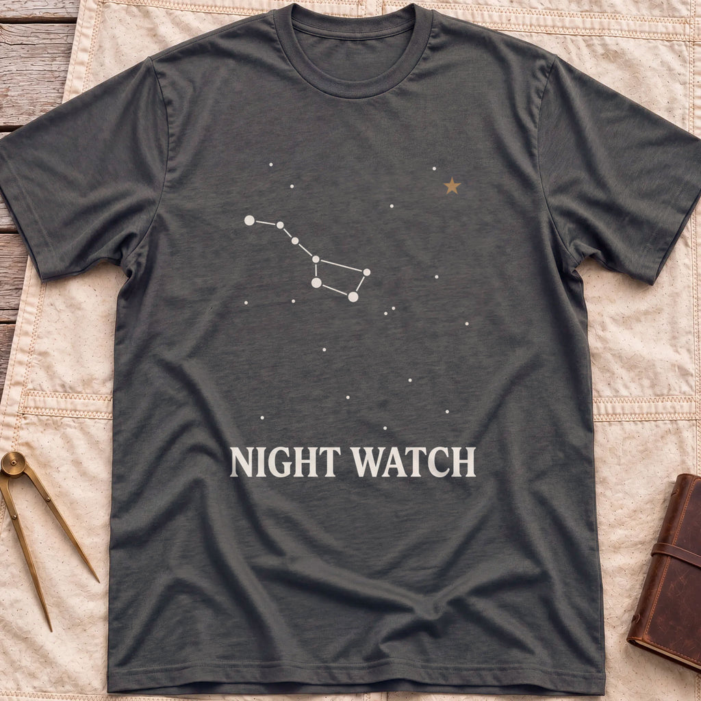 Front view of the dark heather Night Watch T-Shirt with a constellation of joined stars, a small gold star and the words Night Watch.