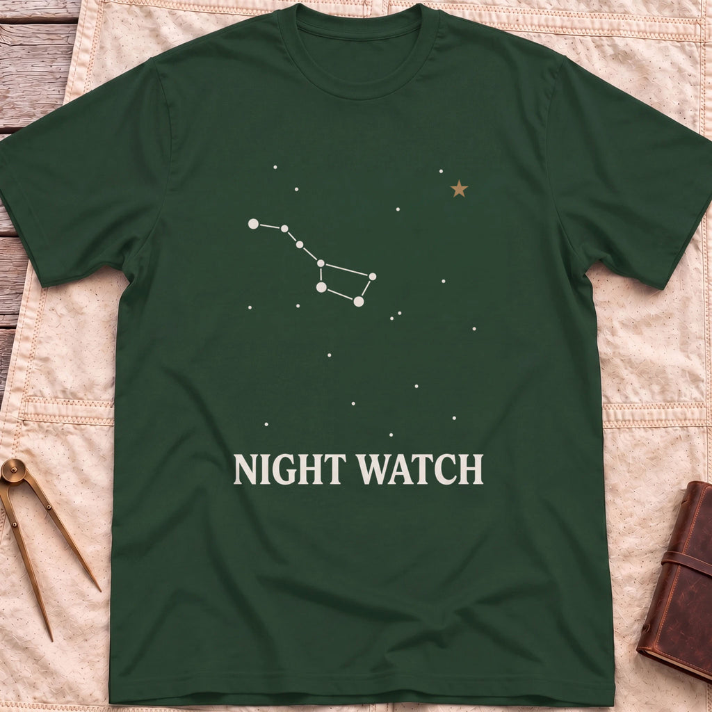 Front view of the forest green Night Watch T-Shirt with a constellation of joined stars, a small gold star and the words Night Watch.