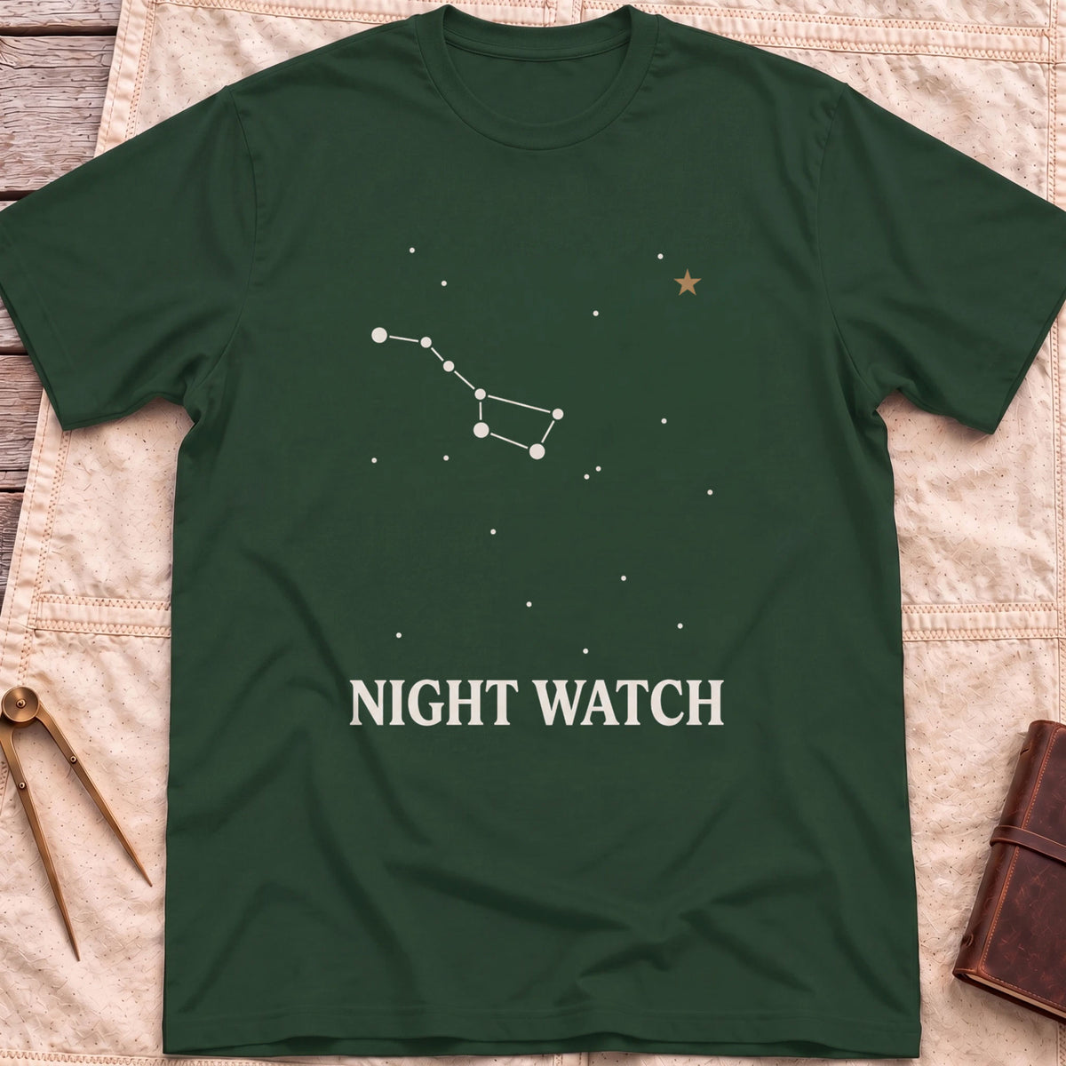 Front view of the forest green Night Watch T-Shirt with a constellation of joined stars, a small gold star and the words Night Watch.