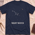 Front view of the navy Night Watch T-Shirt with a constellation of joined stars, a small gold star and the words Night Watch.