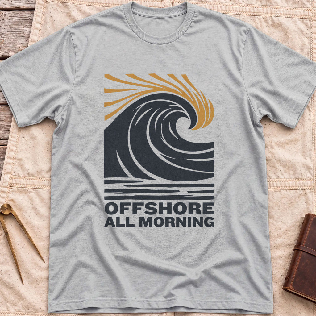 Front view of the sport grey Offshore All Morning T-Shirt with a curling wave and tan spray lines above striped water and the words Offshore All Morning.