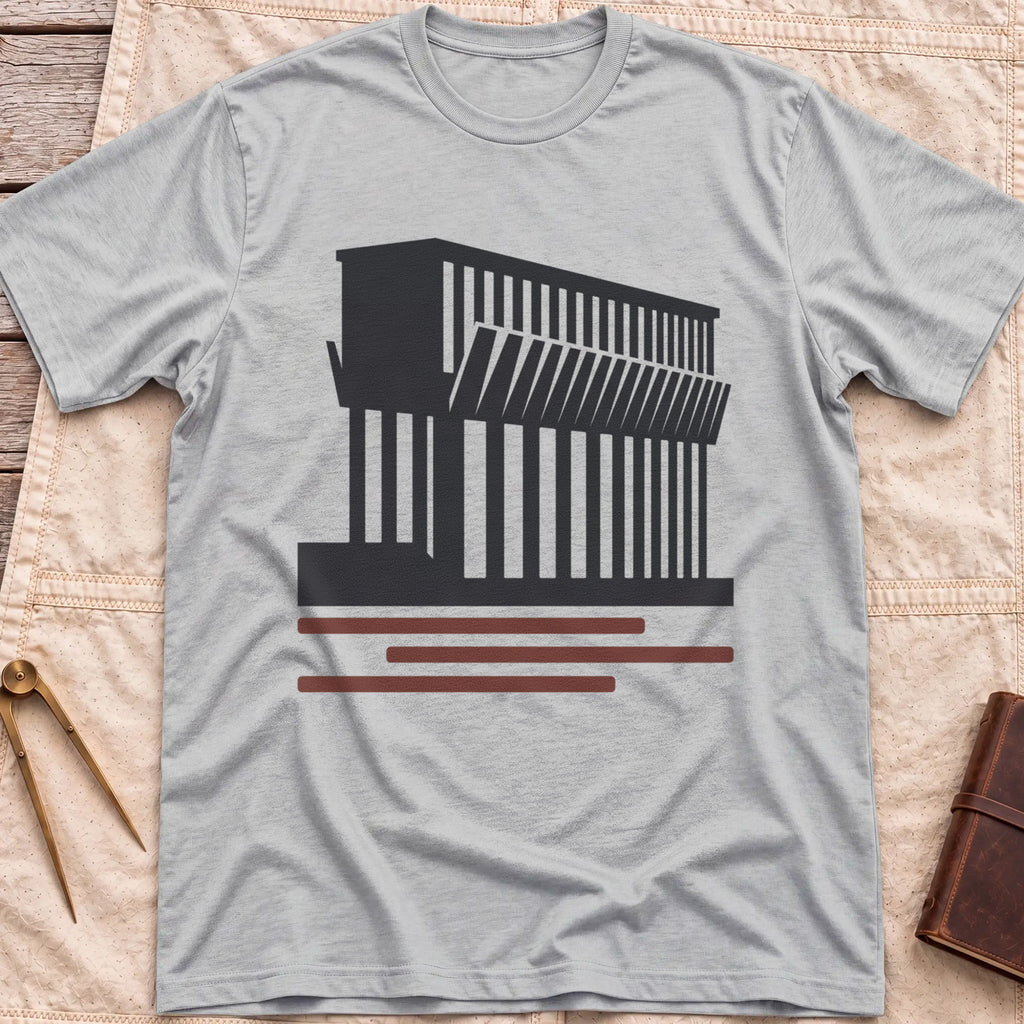 Front view of the sport grey Ore Dock T-Shirt with a silhouette of an ore dock with a row of angled chutes above red lines.