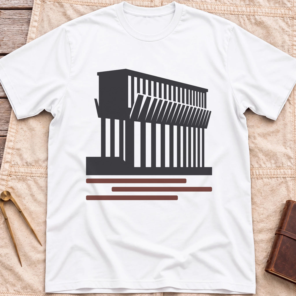Front view of the white Ore Dock T-Shirt with a silhouette of an ore dock with a row of angled chutes above red lines.