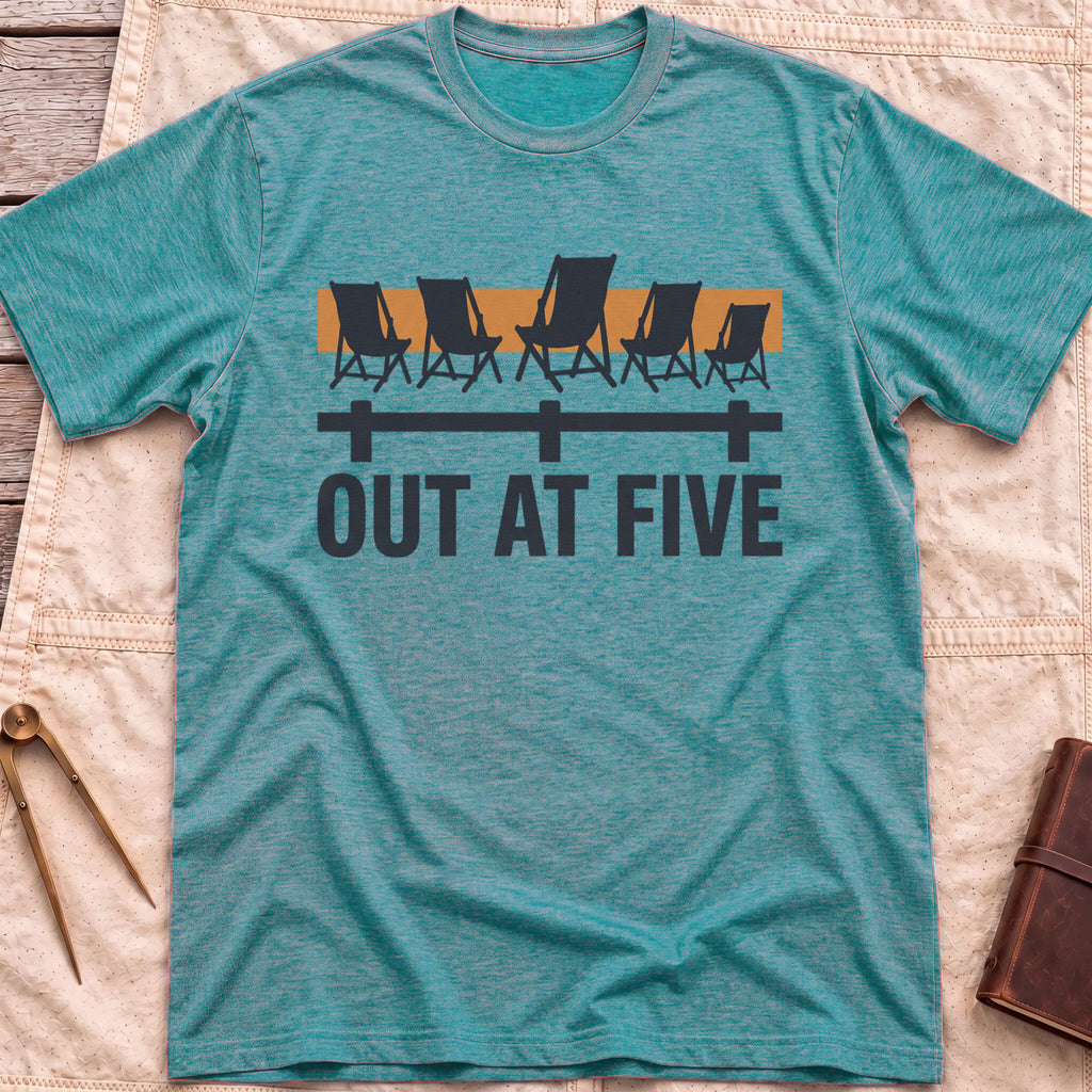 Front view of the heather galapagos blue Out at Five T-Shirt with a row of folding chairs along a dock rail against an orange band, above the words Out at Five.