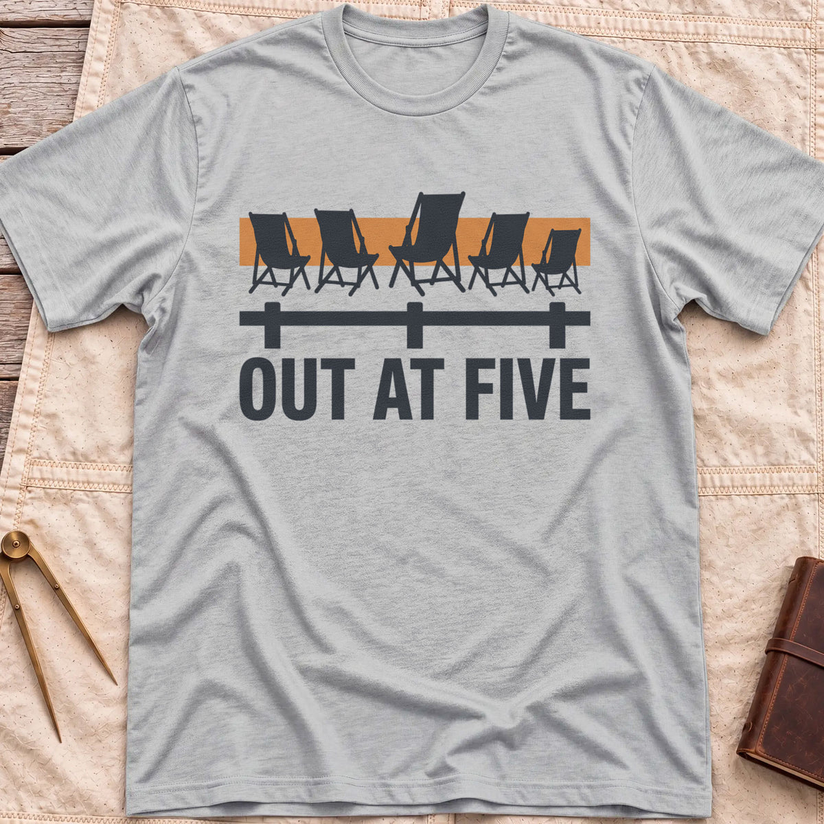 Front view of the sport grey Out at Five T-Shirt with a row of folding chairs along a dock rail against an orange band, above the words Out at Five.