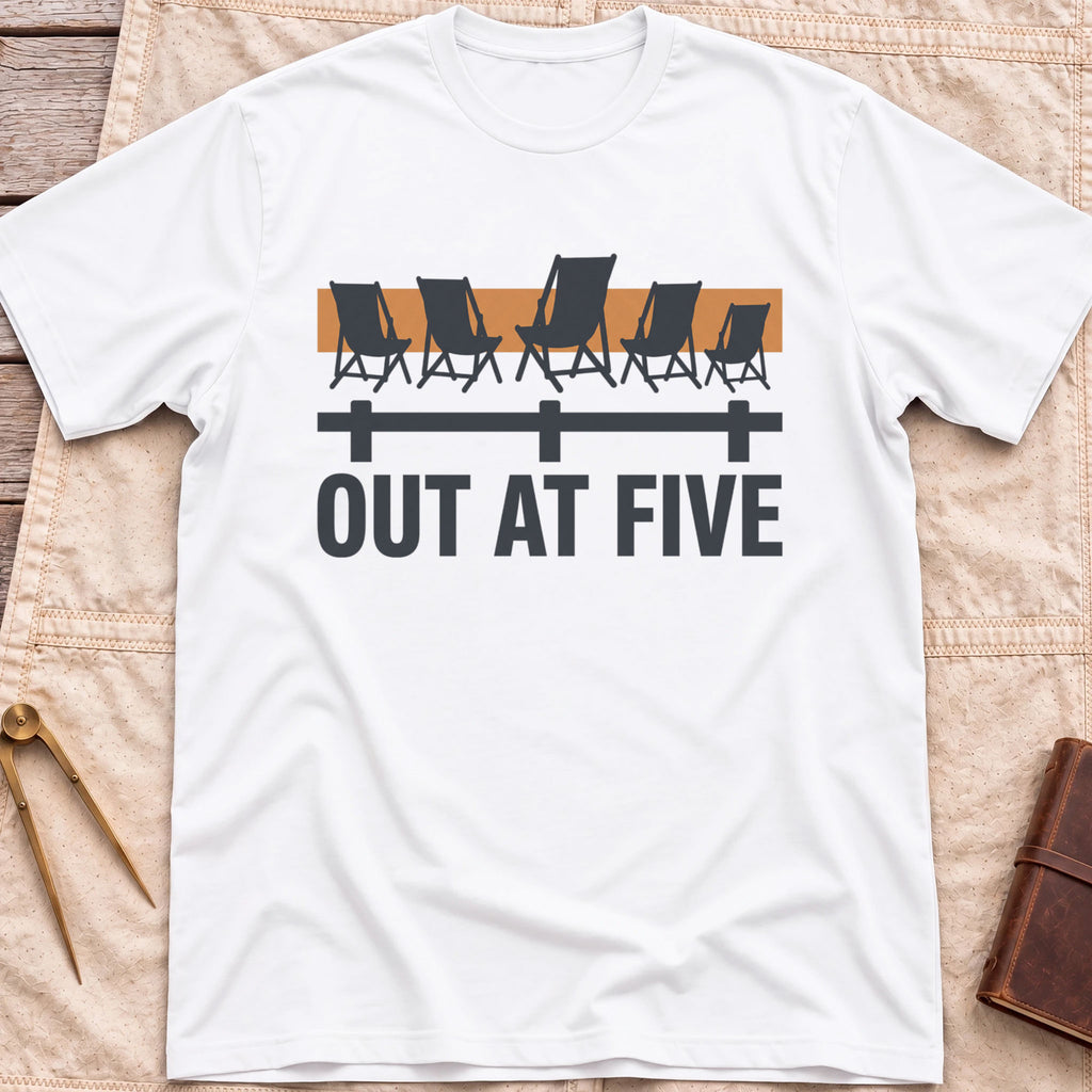 Front view of the white Out at Five T-Shirt with a row of folding chairs along a dock rail against an orange band, above the words Out at Five.