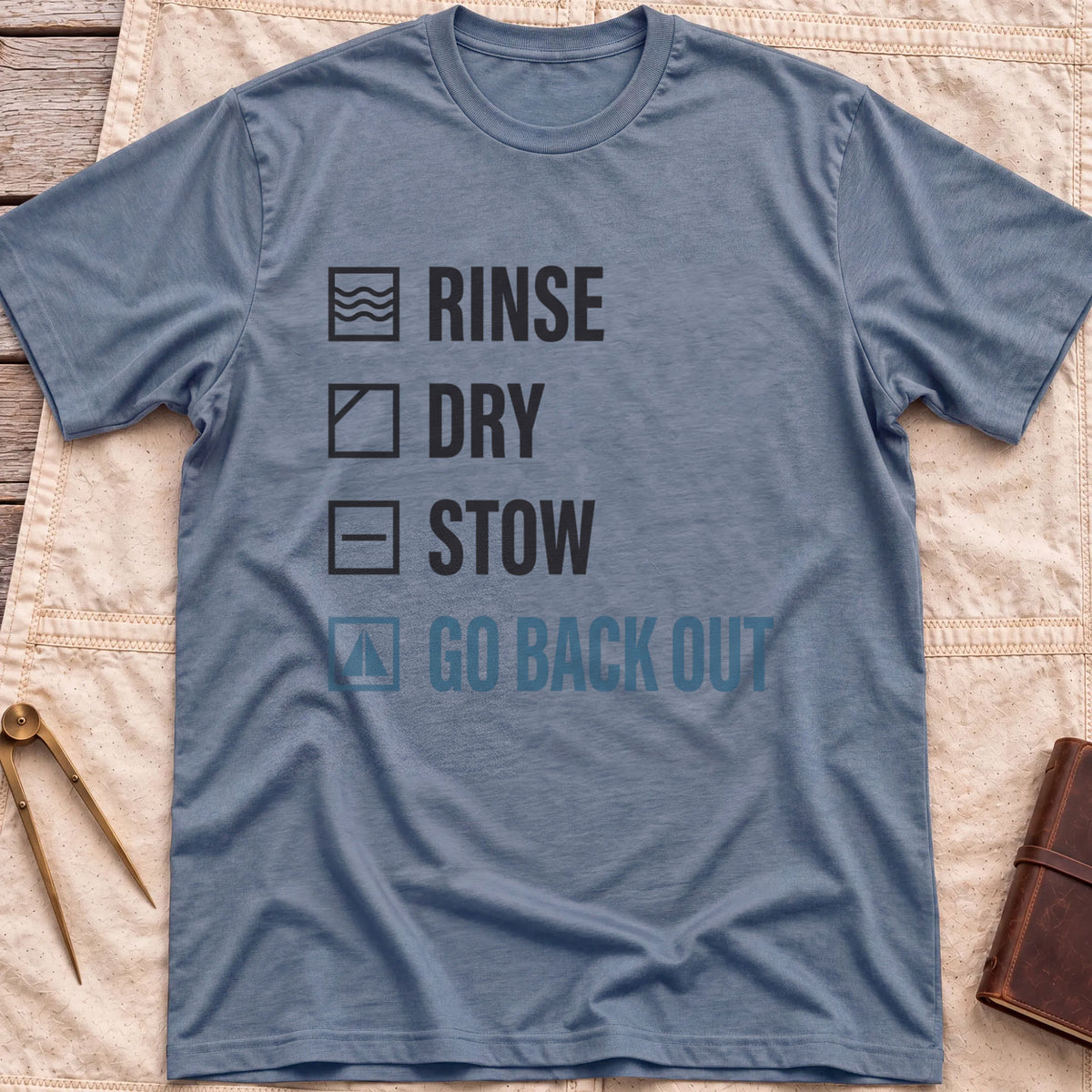 Front view of the heather indigo Rinse Dry Stow T-Shirt with a checklist reading Rinse, Dry, Stow, Go Back Out, each beside a small icon.