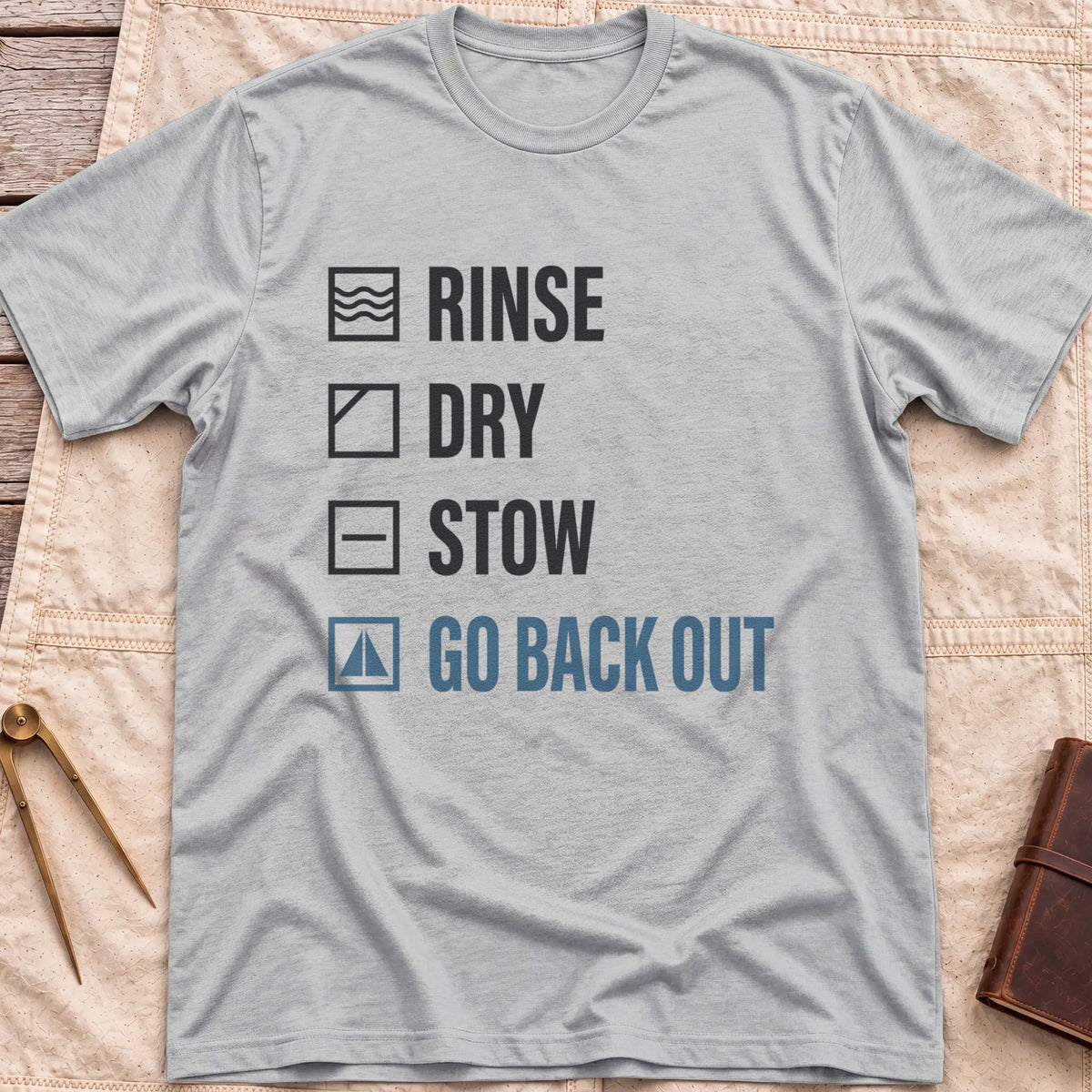 Front view of the sport grey Rinse Dry Stow T-Shirt with a checklist reading Rinse, Dry, Stow, Go Back Out, each beside a small icon.