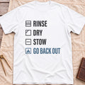 Front view of the white Rinse Dry Stow T-Shirt with a checklist reading Rinse, Dry, Stow, Go Back Out, each beside a small icon.