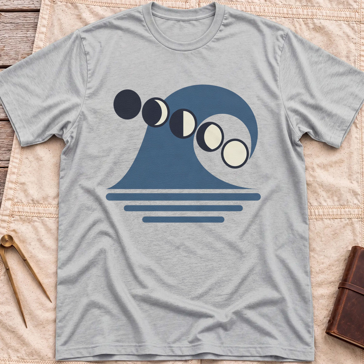 Front view of the sport grey Ruled by the Tides T-Shirt with a stylised wave, a row of moon phases and horizontal water lines.