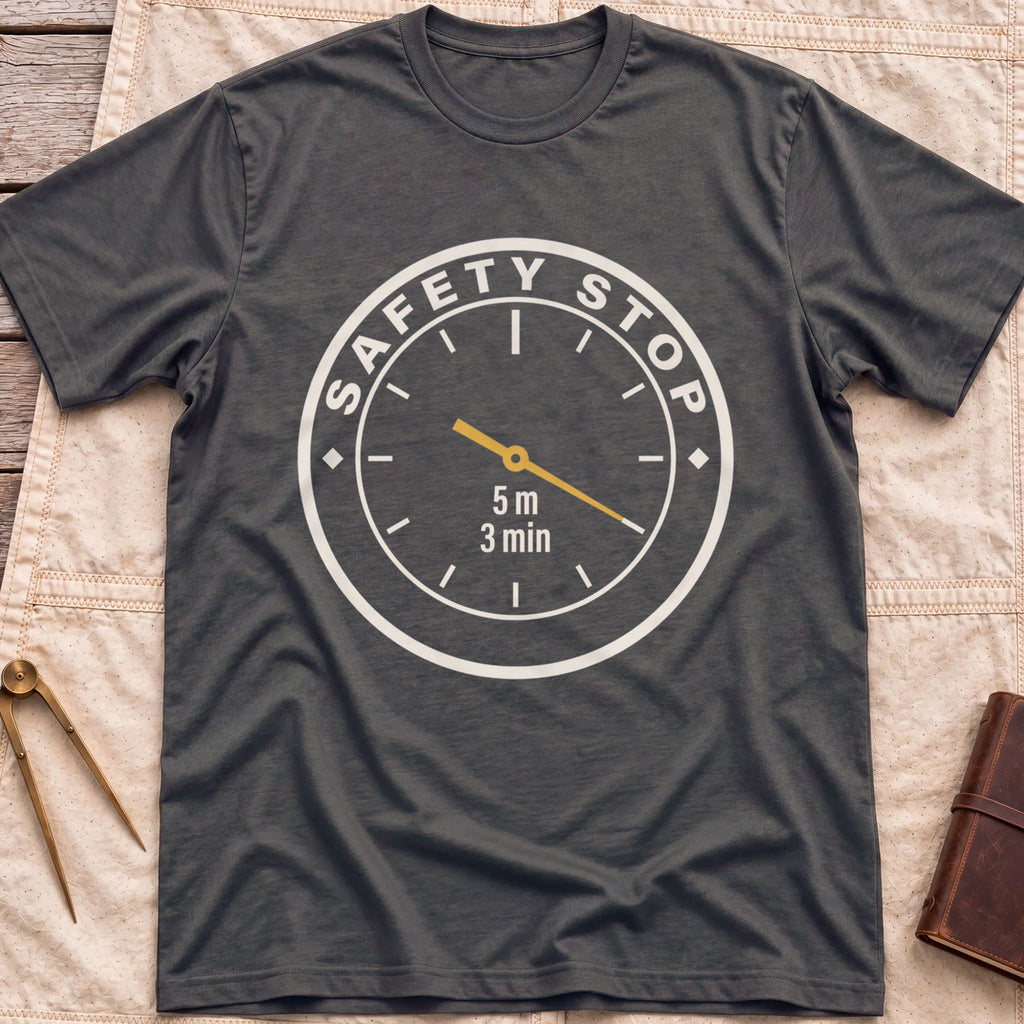 Front view of the dark heather Safety Stop T-Shirt with a round gauge reading Safety Stop around the edge and 5 m, 3 min at the centre.