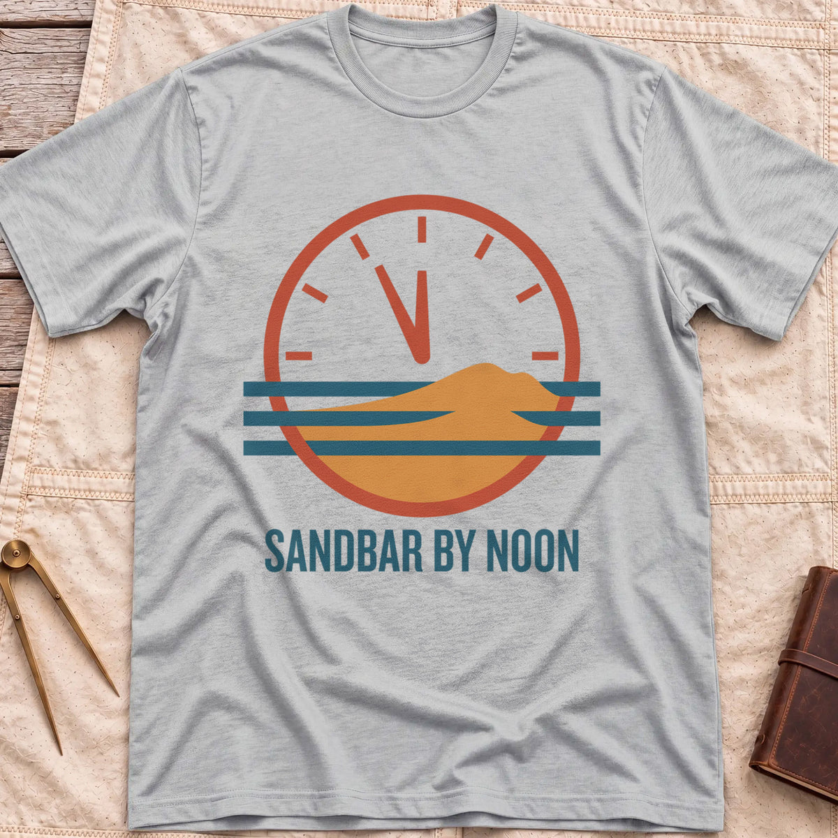 Front view of the sport grey Sandbar by Noon T-Shirt with a clock face set just before twelve above a sandbar and water lines.