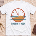Front view of the white Sandbar by Noon T-Shirt with a clock face set just before twelve above a sandbar and water lines.