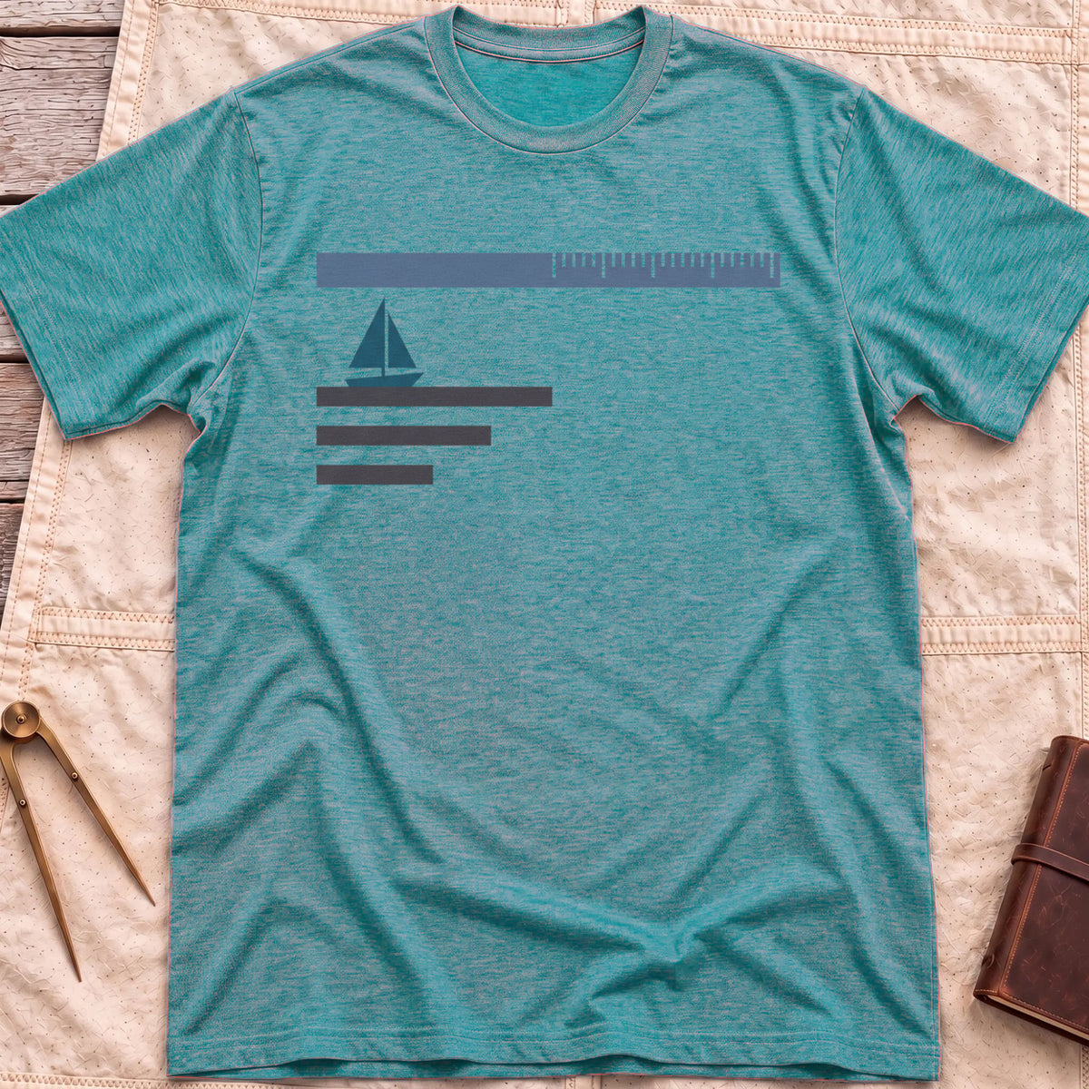 Front view of the heather galapagos blue Sea Room T-Shirt with a small sailboat beneath a long scale bar, above three stacked lines.