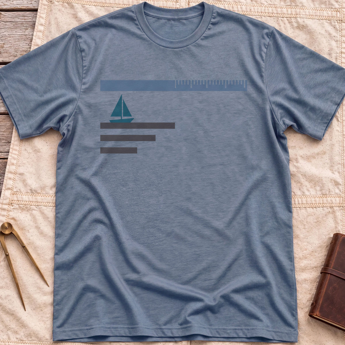 Front view of the heather indigo Sea Room T-Shirt with a small sailboat beneath a long scale bar, above three stacked lines.